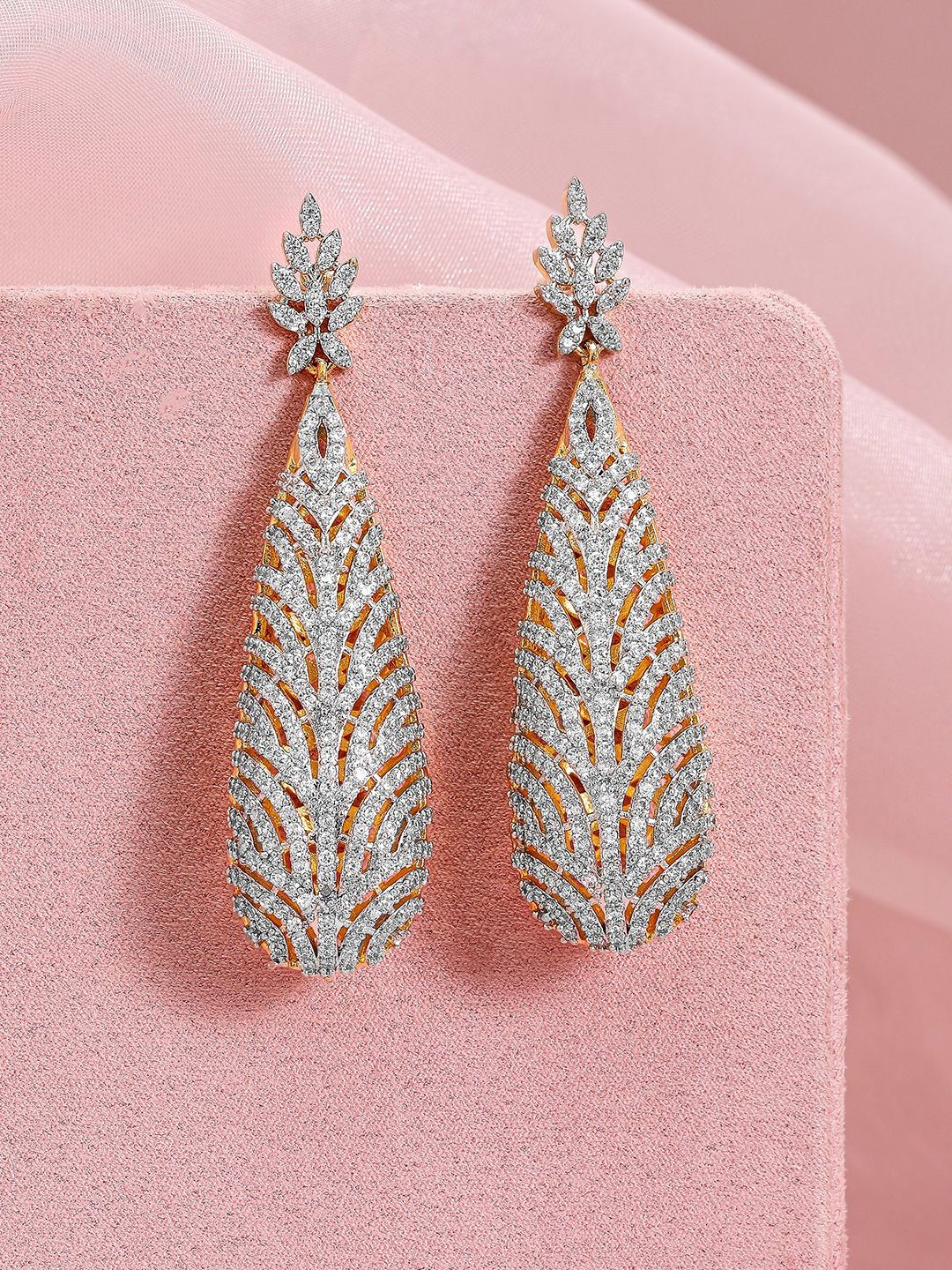 Rubans 22K Gold-Plated Cubic Zirconia Studded Premium Statement Drop Earrings