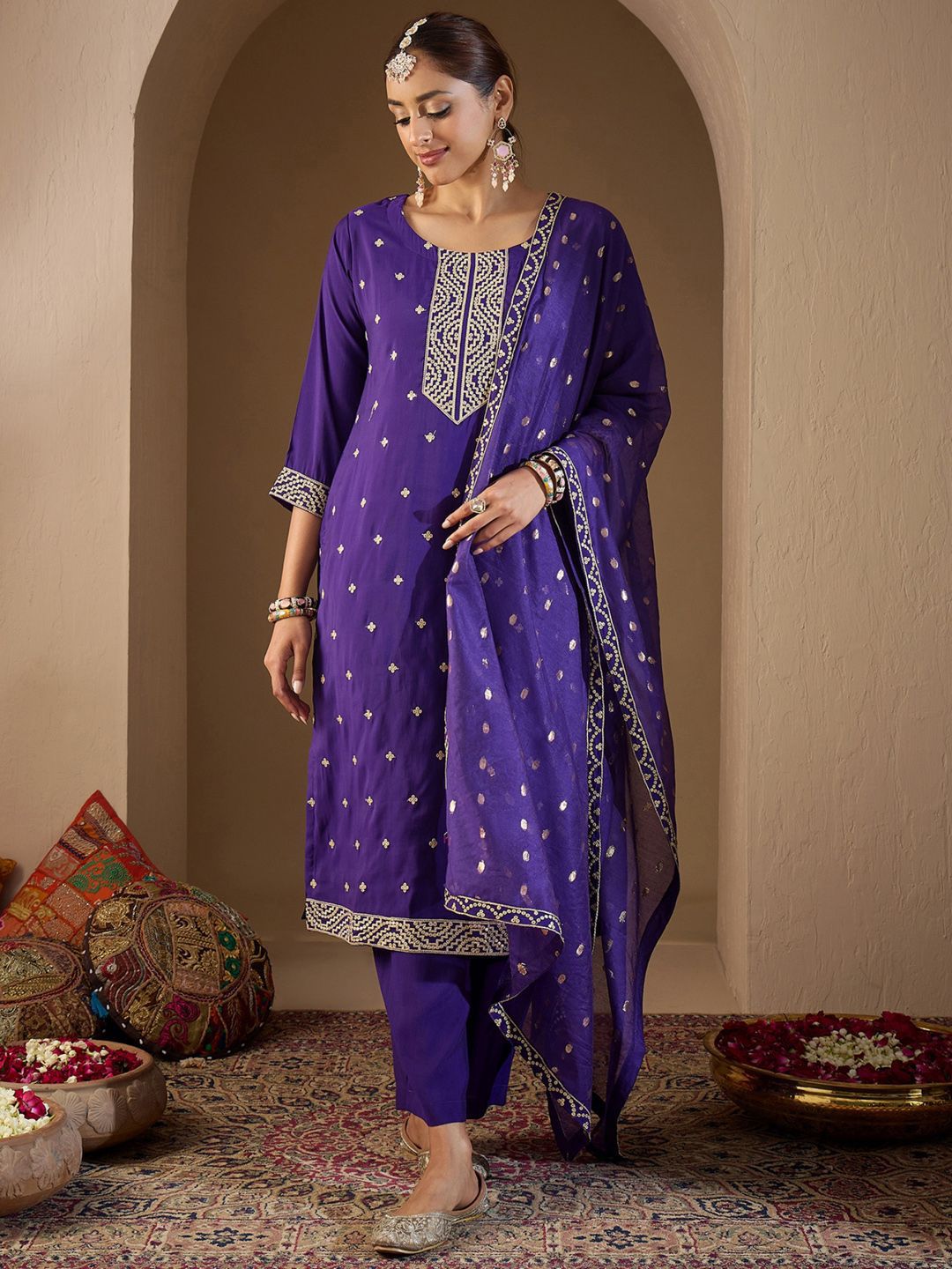 Indo Era Women Ethnic Motifs Embroidered Regular Sequinned Kurta with Trousers & With Dupatta