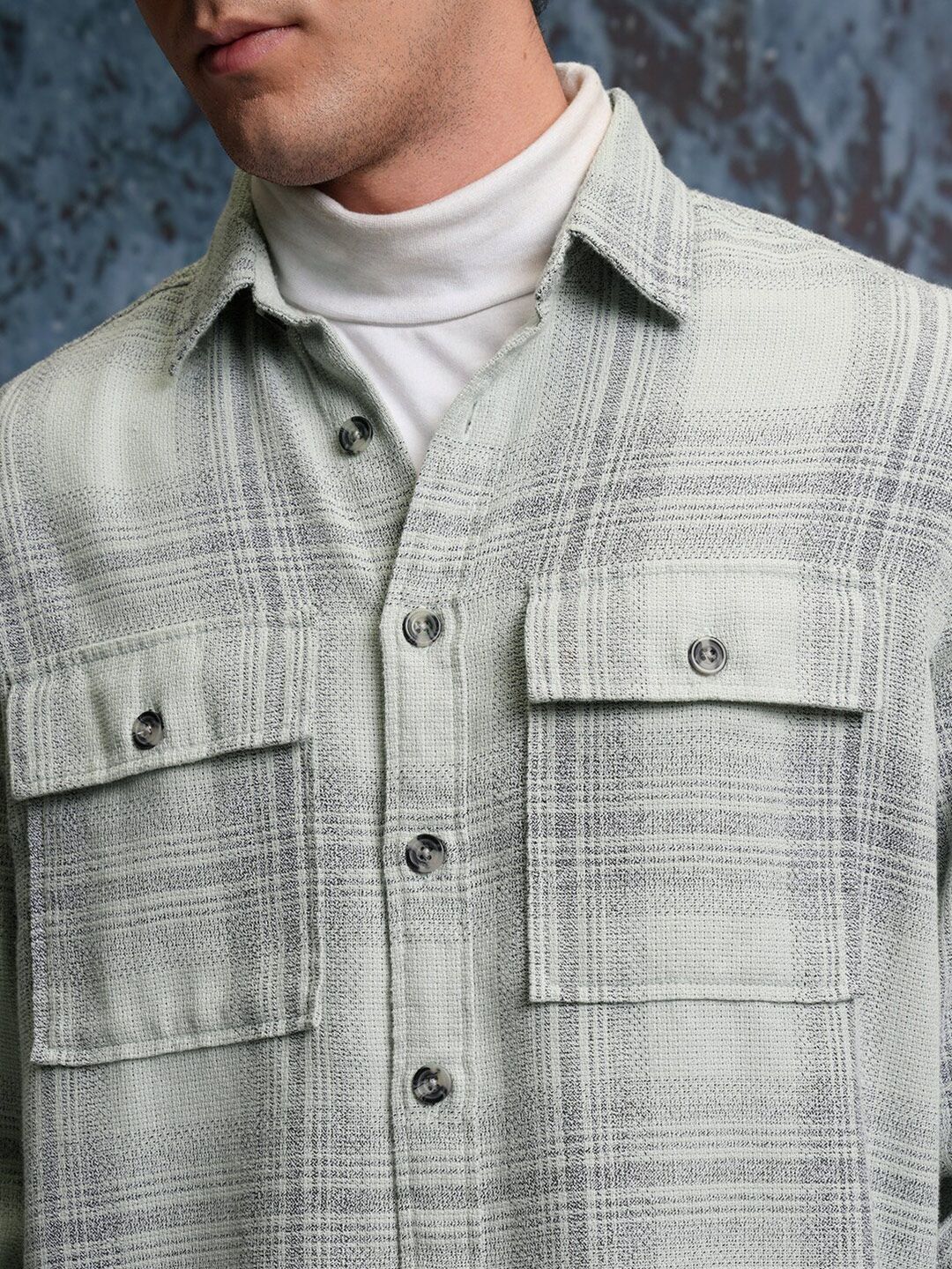 Locomotive Grindle Mock Lino Dobby Textured Tartan Checked Oversized Overshirt