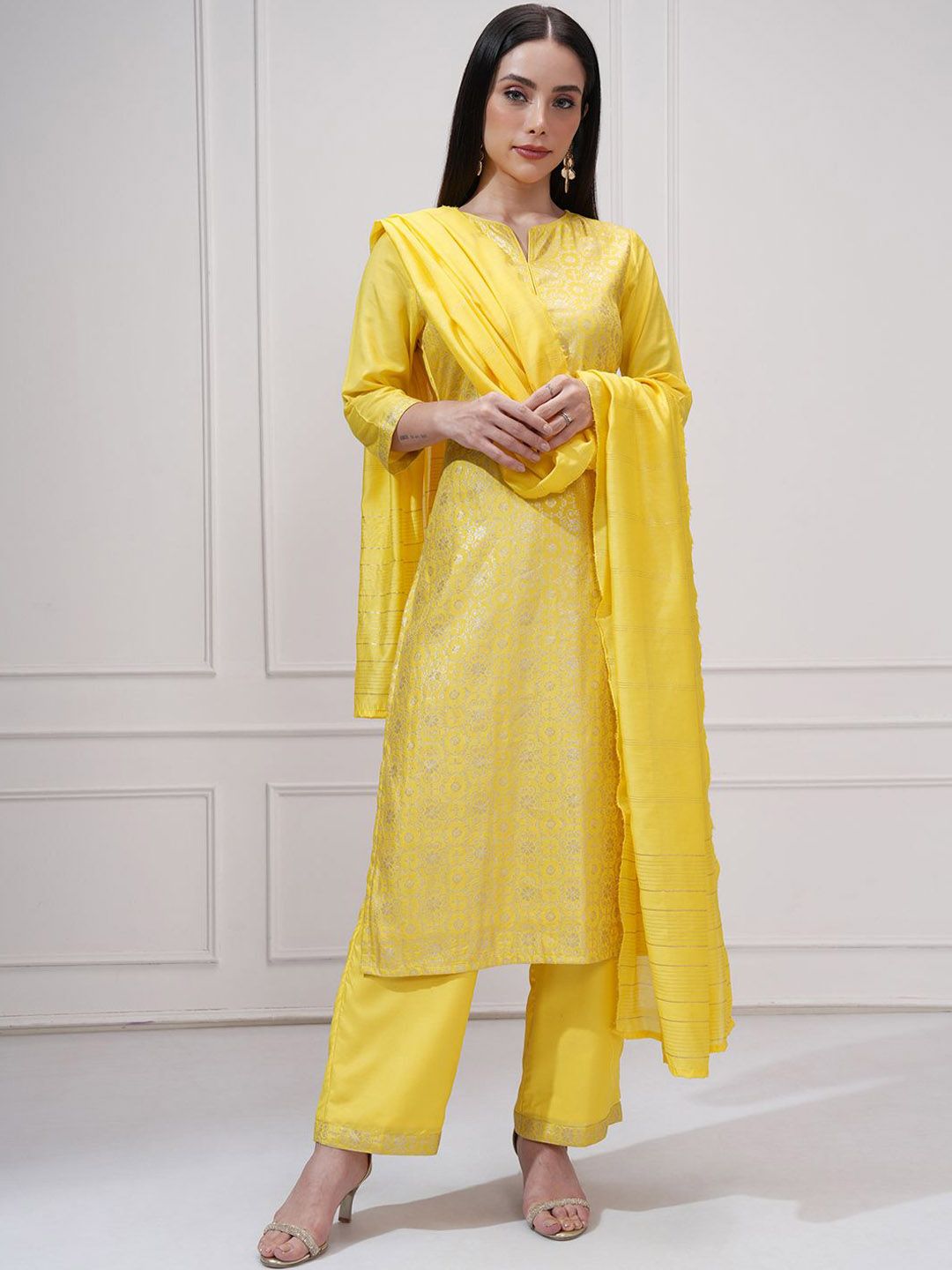 Vishudh Floral Woven Design Notch Neck Jacquard Straight Kurta With Trouser And Dupatta