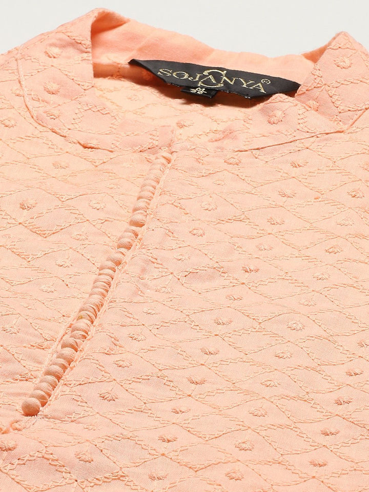 SOJANYA Men Peach-Coloured Ethnic Motifs Pure Cotton Kurta with Churidar & Nehru Jacket