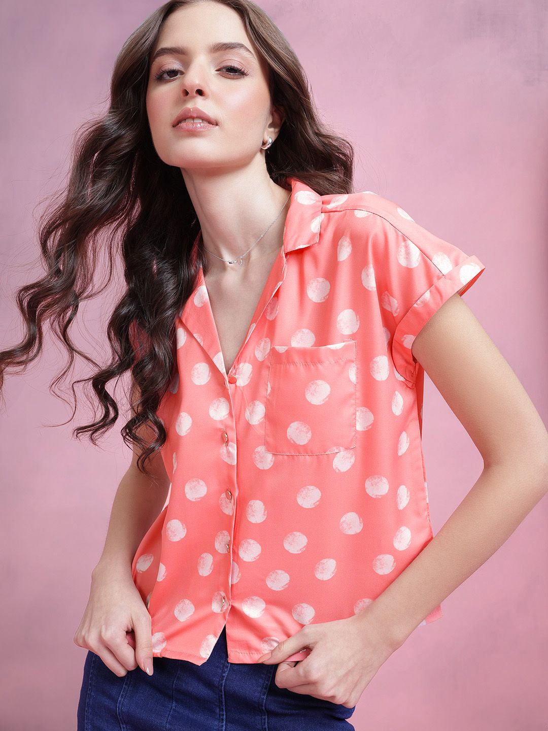 DressBerry Polka Dot Print Extended Sleeves Shirt Style Top