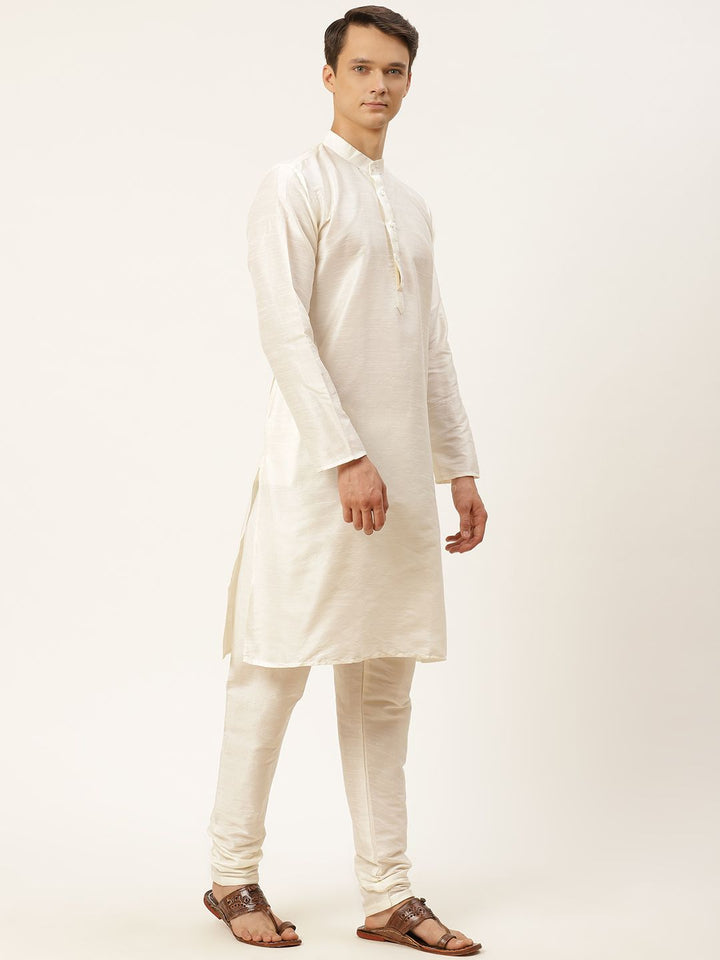 SOJANYA Men Off White Kurta with Churidar & Jacket