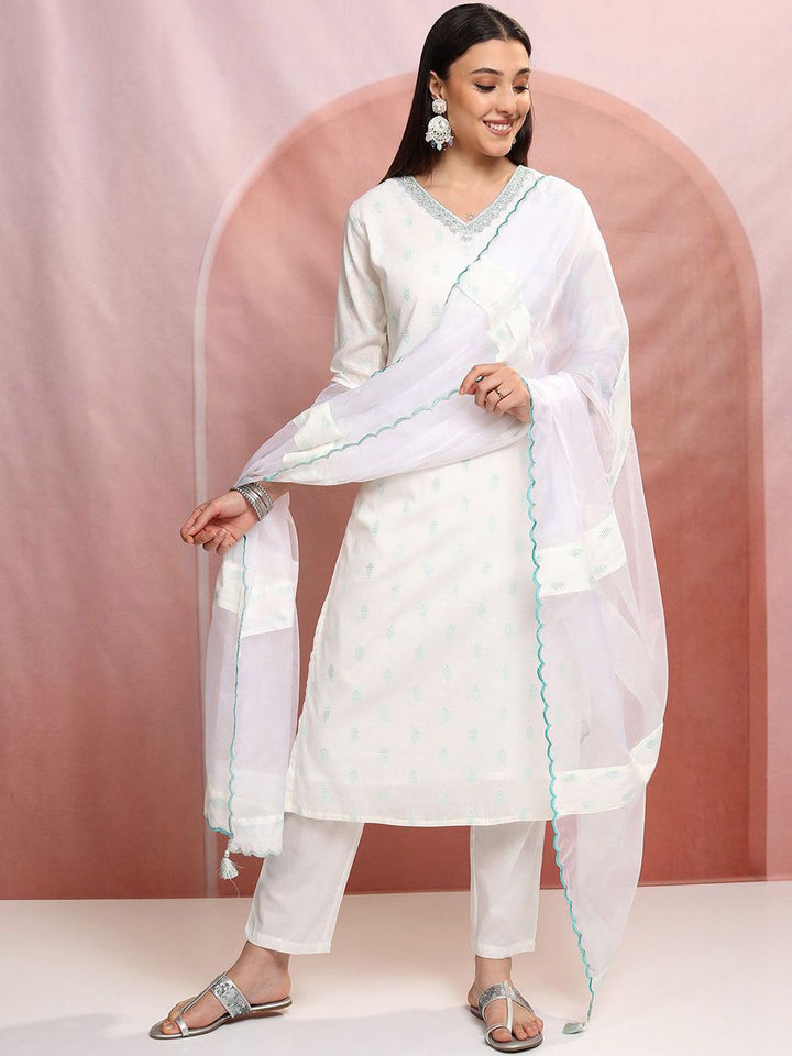 Vishudh White Ethnic Motifs Printed Pure Cotton Straight Kurta & Trousers With Dupatta