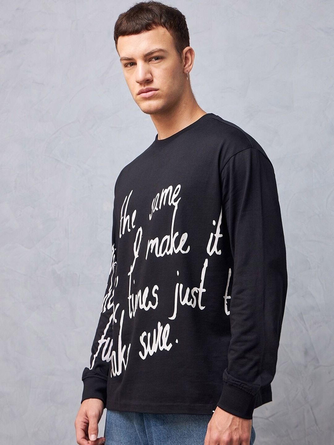 Bewakoof Black Typography Printed Round Neck Long Sleeves Cotton Oversized T-shirt