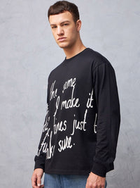 Bewakoof Black Typography Printed Round Neck Long Sleeves Cotton Oversized T-shirt
