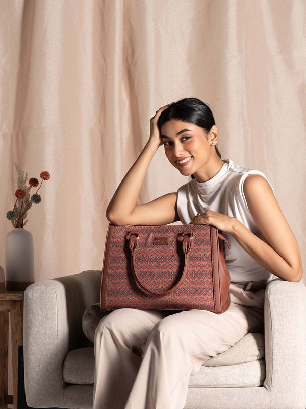 ZOUK Geometric Printed Structured Jute Handheld Bag