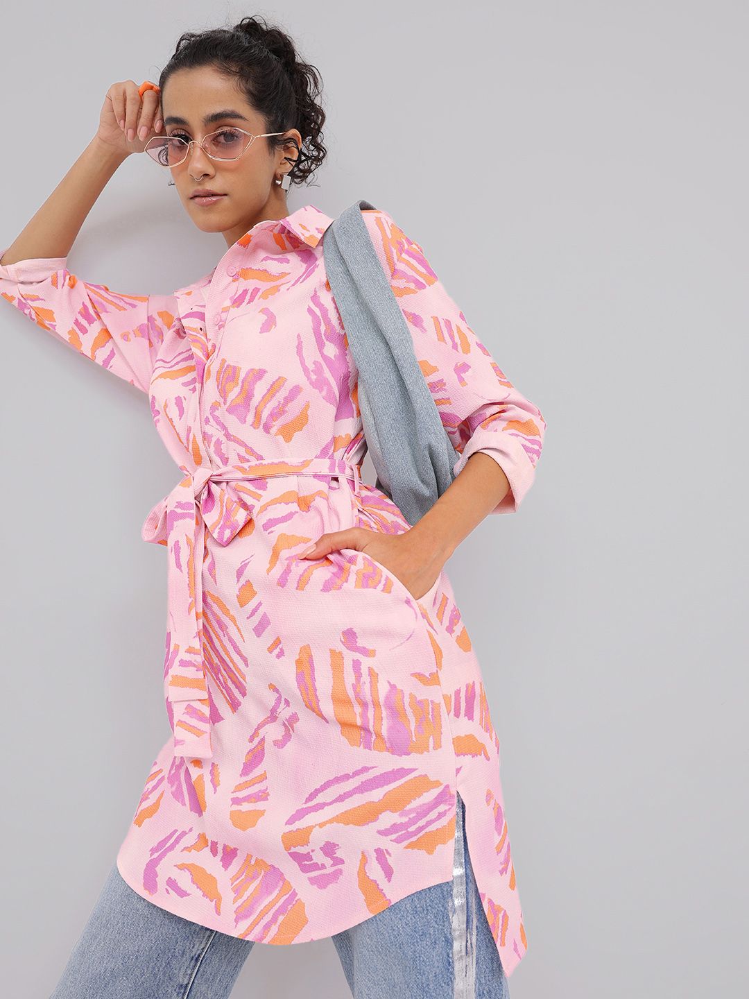 DressBerry Heritage-Inspired Printed Waist Tie-Up Shirt Style Longline Top