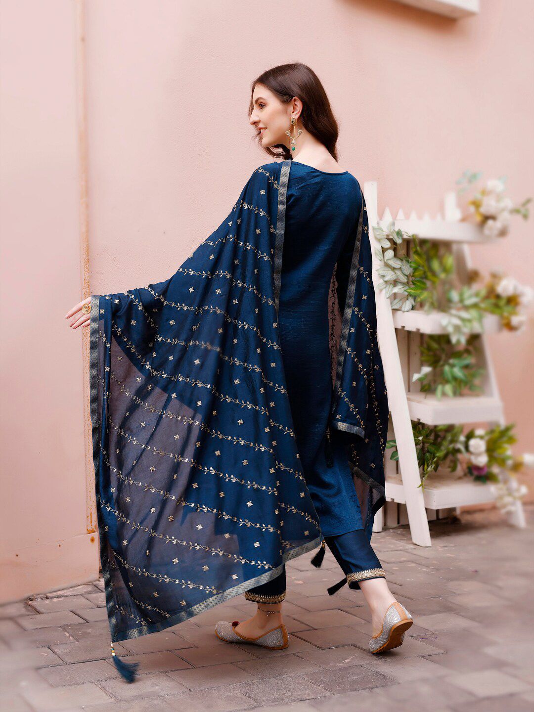 KALINI Embroidered Round Neck Straight Kurta & Trousers With Dupatta