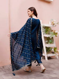 KALINI Embroidered Round Neck Straight Kurta & Trousers With Dupatta