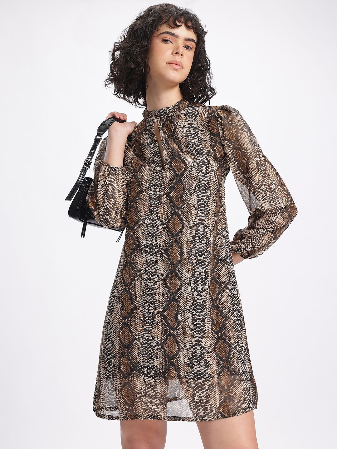 DressBerry Comfort Chic Snake Print Puff Sleeve A-Line Dress