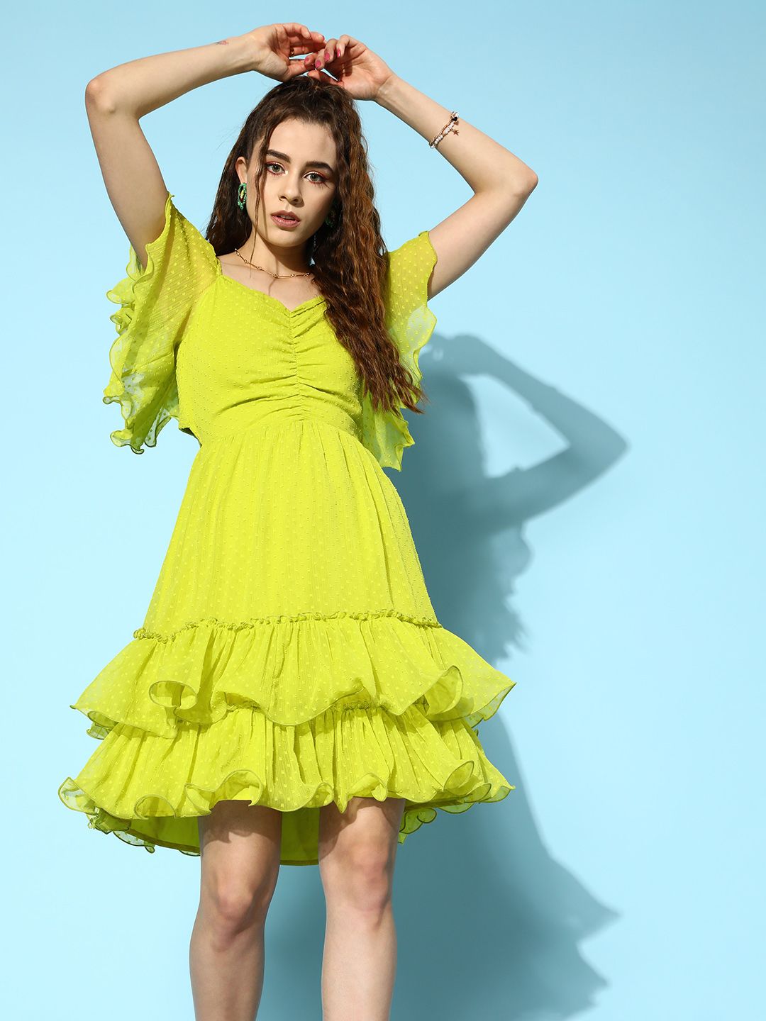 Antheaa Self Design Flutter Sleeve Ruffled Chiffon Fit & Flare Dress
