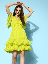 Antheaa Self Design Flutter Sleeve Ruffled Chiffon Fit & Flare Dress