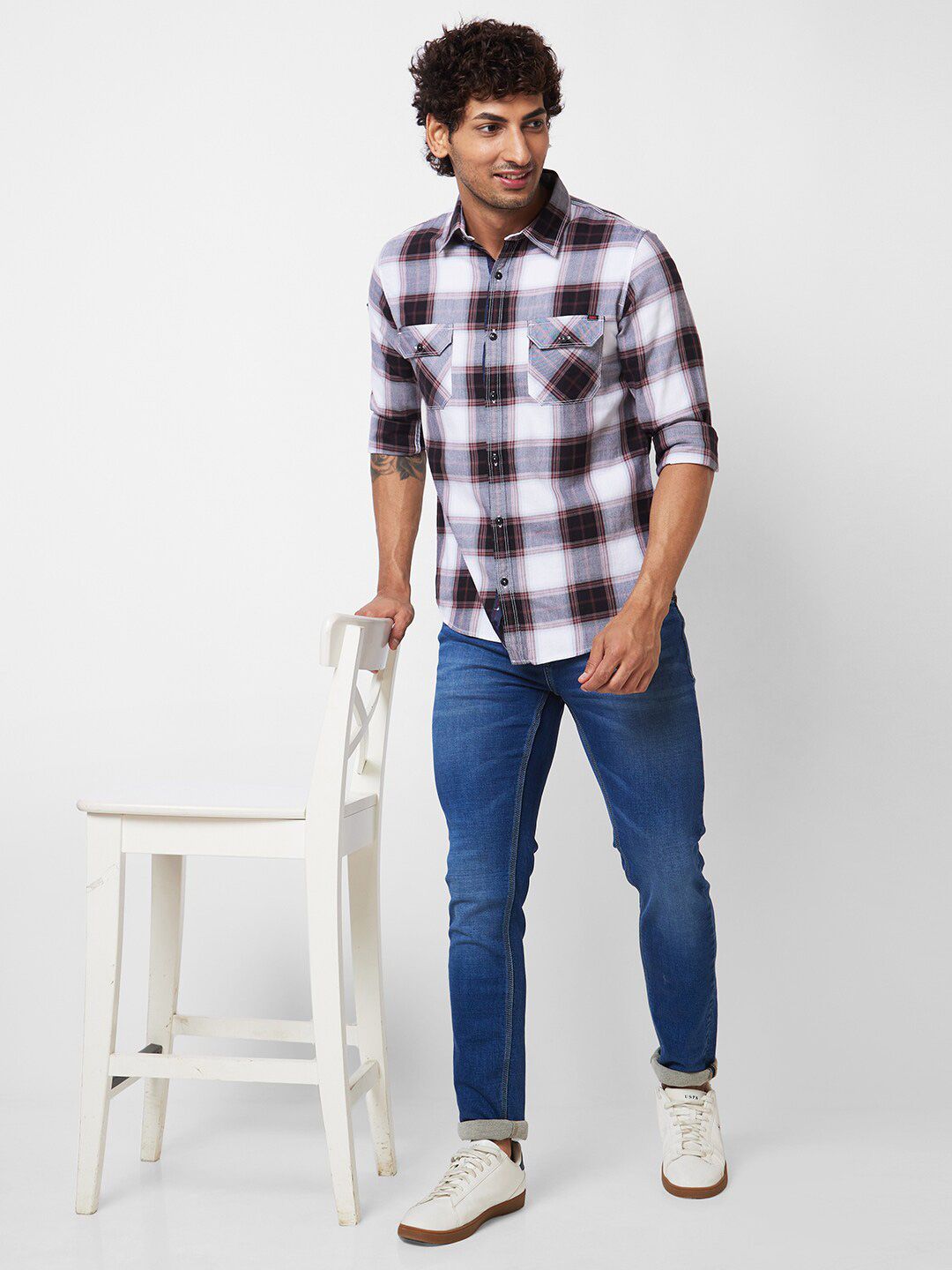 SPYKAR Spread Collar Long Sleeves Tartan Checks Cotton Casual Shirt