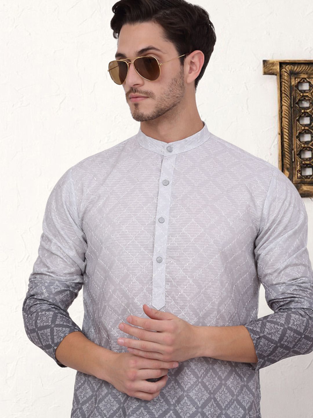 Jompers Ethnic Motifs Printed Mandarin Collar Sequinned Cotton Straight Kurta