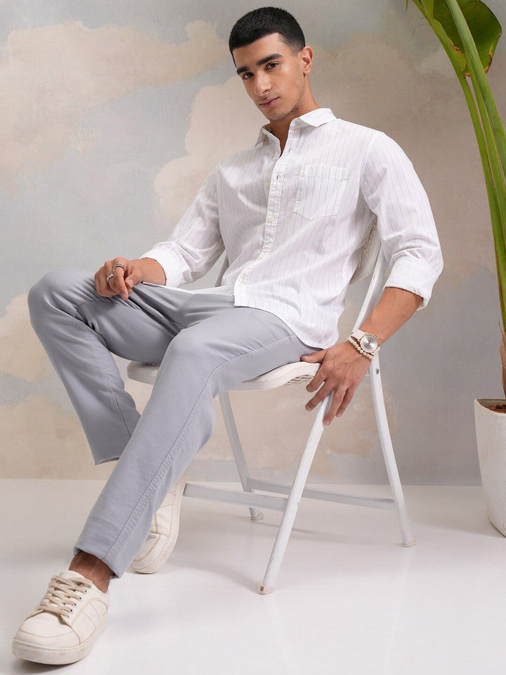 HIGHLANDER Classic White Slim Fit Vertical Striped Spread Collar Cotton Casual Shirt