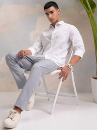 HIGHLANDER Classic White Slim Fit Vertical Striped Spread Collar Cotton Casual Shirt