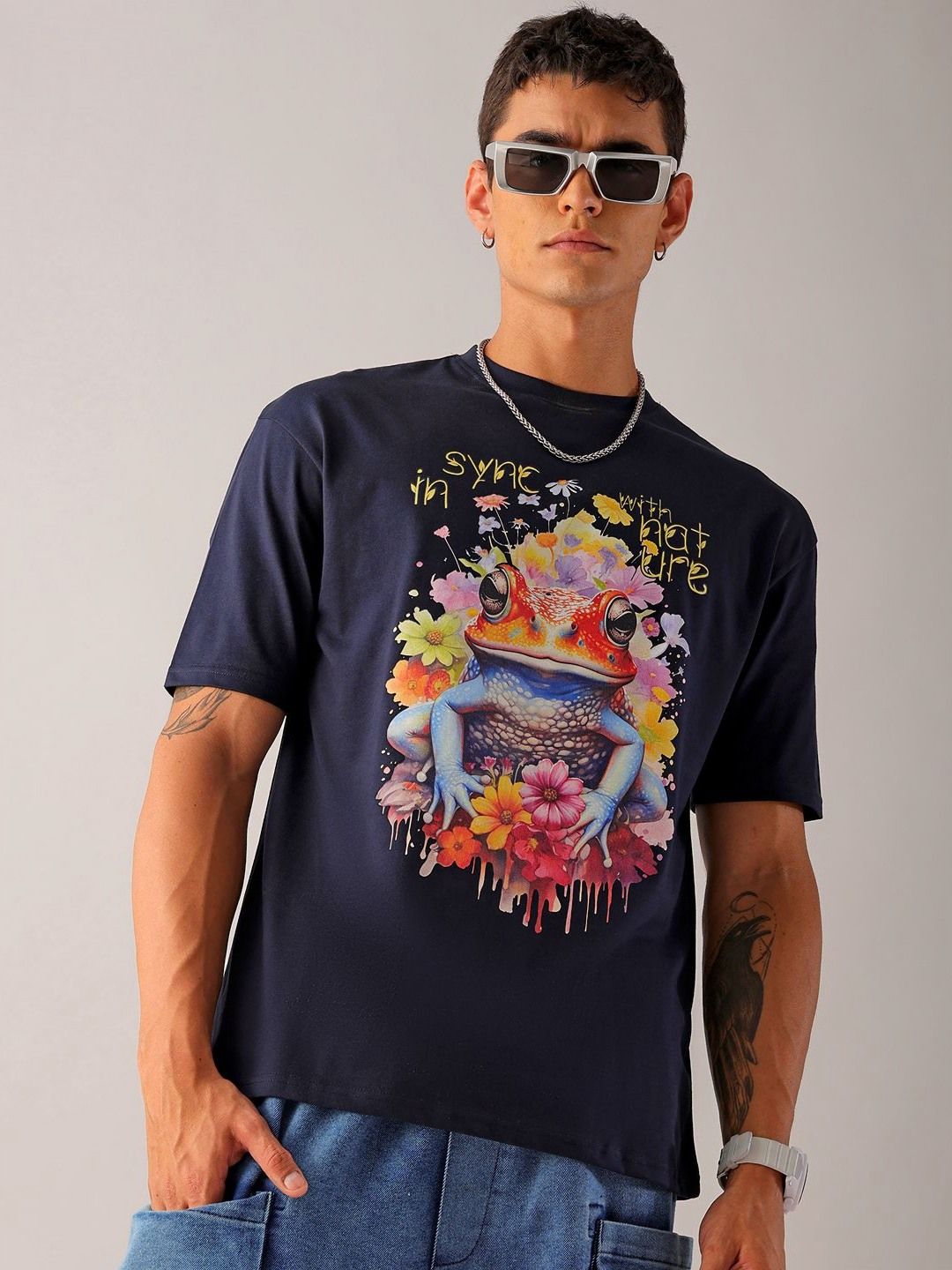The Indian Garage Co Men Pure Cotton Back Printed Boxy Oversized Round Neck T-shirt