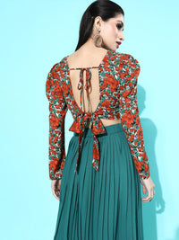 Berrylush Coral Red & Green Floral Print Puff Sleeves Styled Back Crop Top