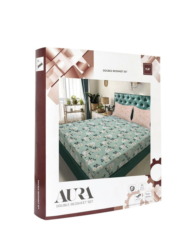 Aura Green & White Floral Printed 300 TC Double King Bedsheet Set-2.50 m X 2.25 m