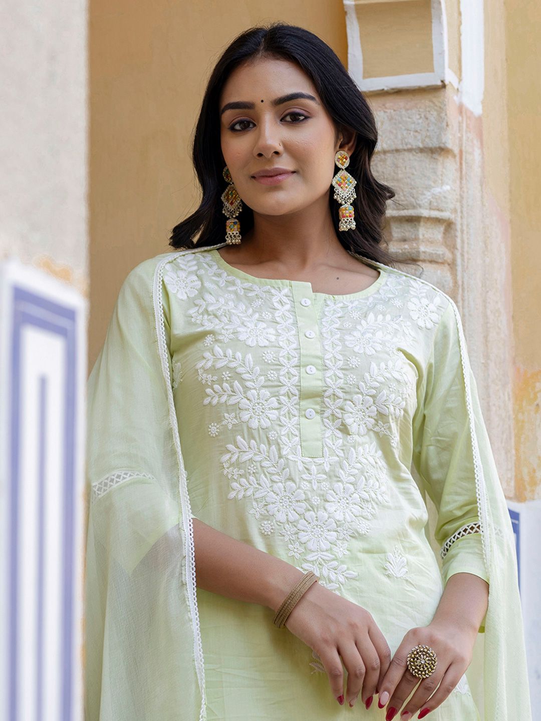 KALINI Floral Embroidered Thread Work Pure Cotton Straight Kurta With Trousers & Dupatta