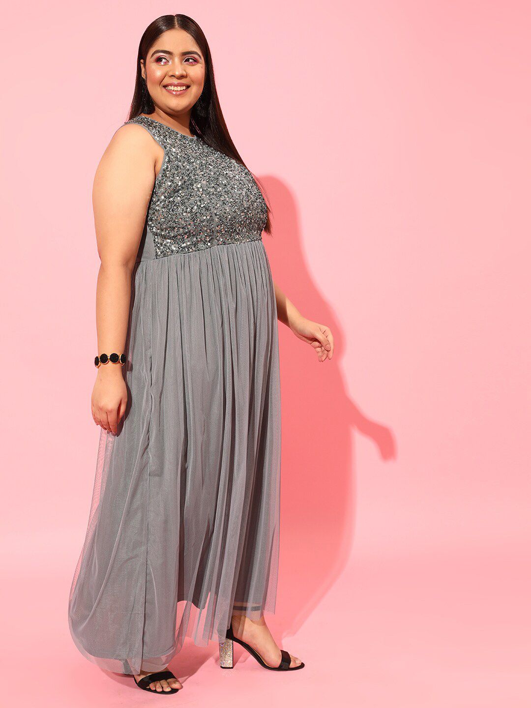 CURVY STREET Grey Plus Size Embellished Net Maxi Dress