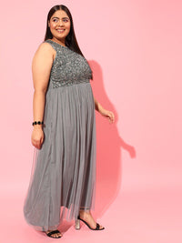 CURVY STREET Grey Plus Size Embellished Net Maxi Dress