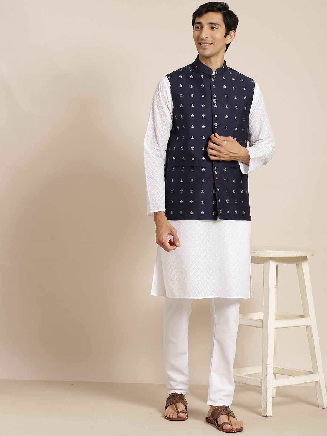 SOJANYA Men White Ethnic Motifs Chikankari Pure Cotton Kurta with Churidar & Nehru Jacket