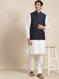 SOJANYA Men White Ethnic Motifs Chikankari Pure Cotton Kurta with Churidar & Nehru Jacket