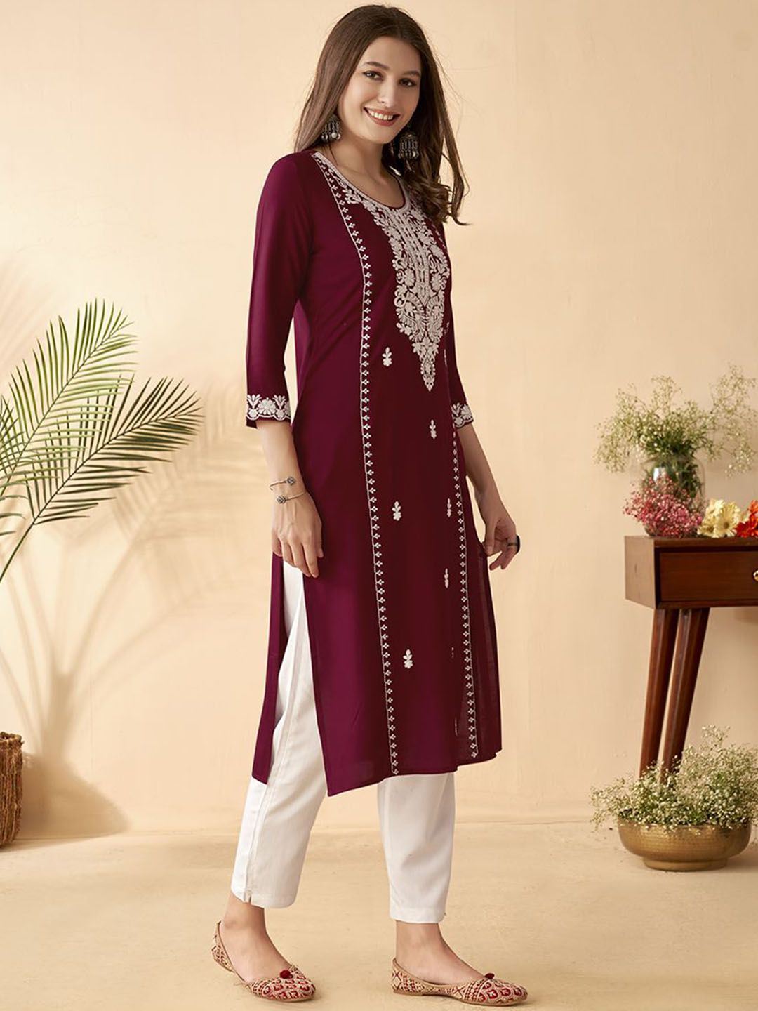 Anouk Maroon Ethnic Motifs Embroidered Round Neck Thread Work Straight Kurta