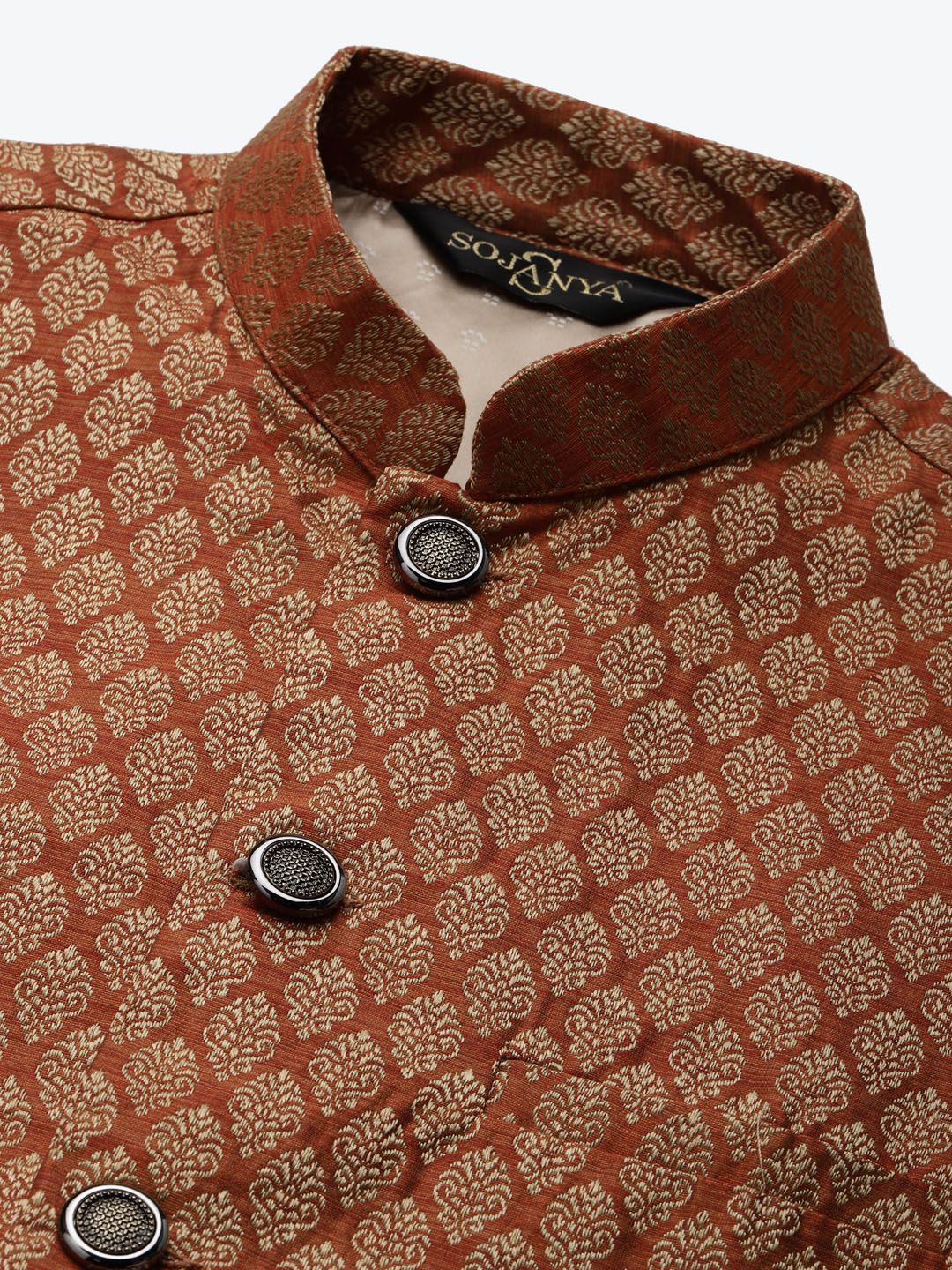 SOJANYA Lelaki Rust Red & Green Jacquard Etnik Motif Kurta Lurus dengan Churidar