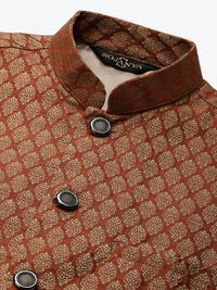 SOJANYA Lelaki Rust Red & Green Jacquard Etnik Motif Kurta Lurus dengan Churidar