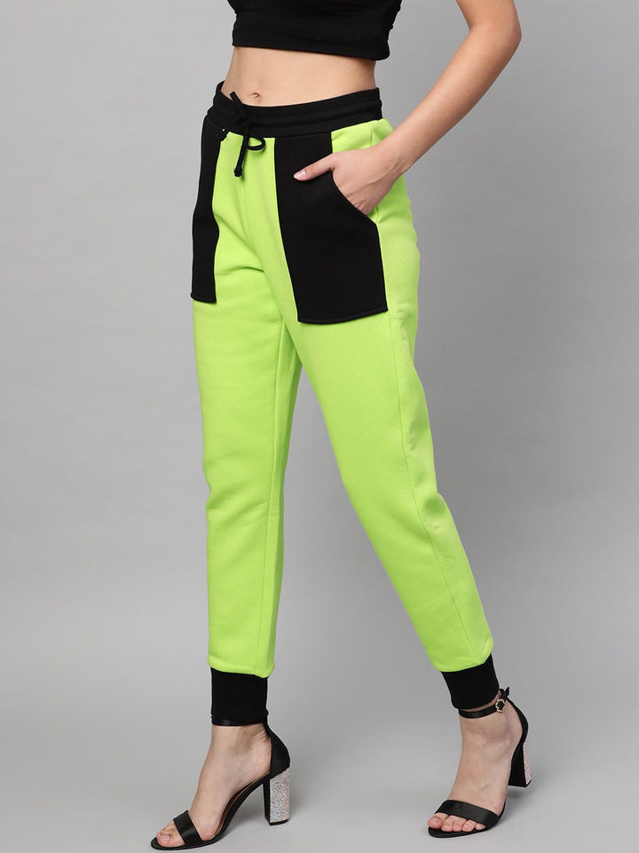 STREET 9 Women Fluorescent Green & Black Colourblocked Slim Fit Solid Joggers