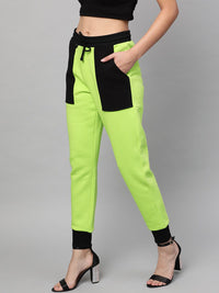 STREET 9 Women Fluorescent Green & Black Colourblocked Slim Fit Solid Joggers