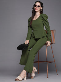 SASSAFRAS Women Olive Green Solid Slim Fit Shimmer Twisted Bootcut Trousers
