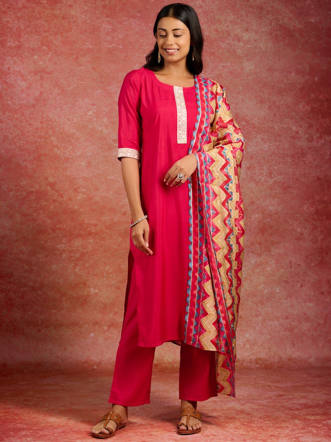Libas Ethnic Motifs Yoke Design Straight Kurta & Trousers With Dupatta
