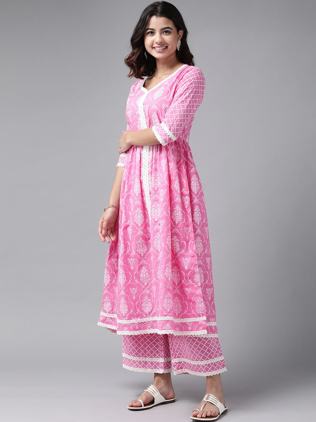 Libas Women Pink Ethnic Motifs Printed Regular Pure Cotton Kurta with Palazzos & With Dupatta