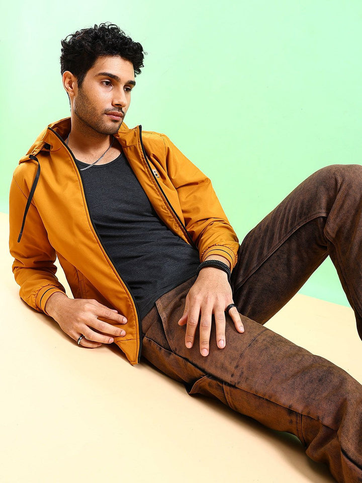 The Indian Garage Co Men Regular Fit Bomber Jacket with Detachable Hood