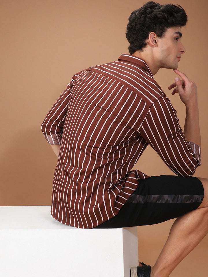 The Indian Garage Co Men Brown & White Slim Fit Striped Casual Shirt