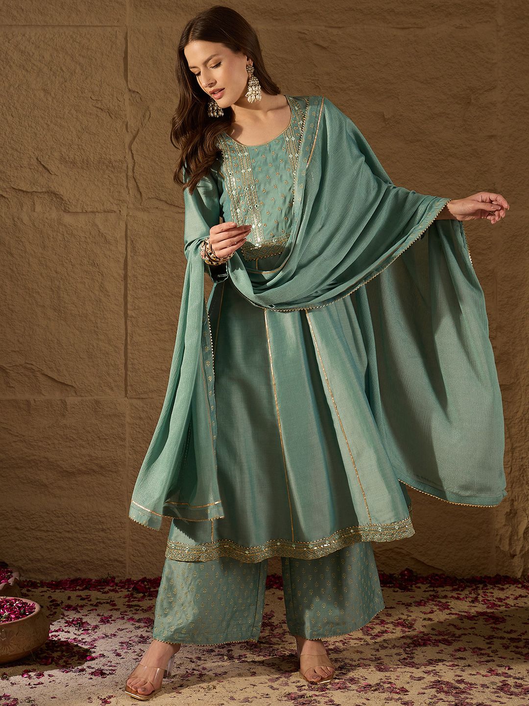 KALINI Ethnic Motifs Embroidered Panelled Kurta with Palazzos & With Dupatta