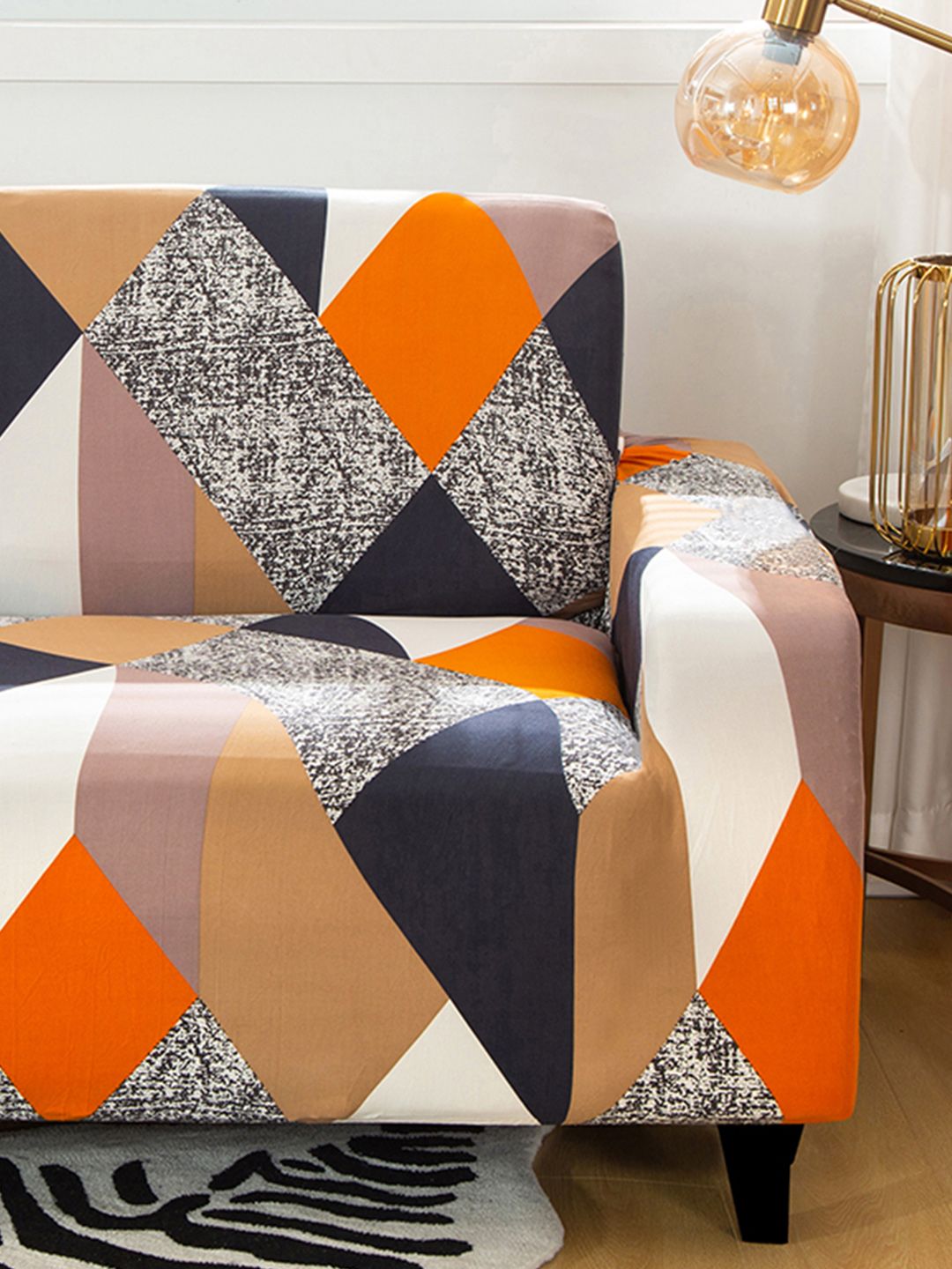 Story@home Orange & Beige Printed 3 Seater Stretchable Sofa Cover With Arms