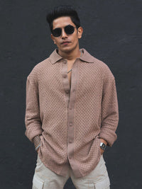 Powerlook Semi Sheer Self Design India Slim Fit Pure Cotton Oversized Crochet Shirt