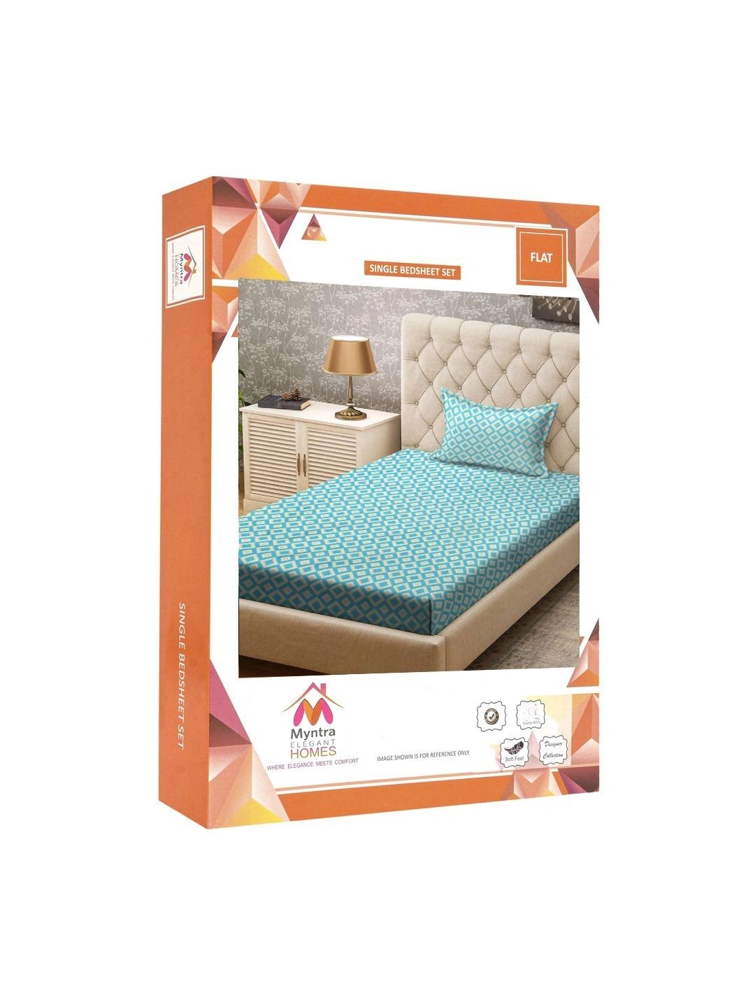 Myntra Elegant Homes Turquoise Blue Geometric 300 TC Single Bedsheet with 1 Pillow Covers