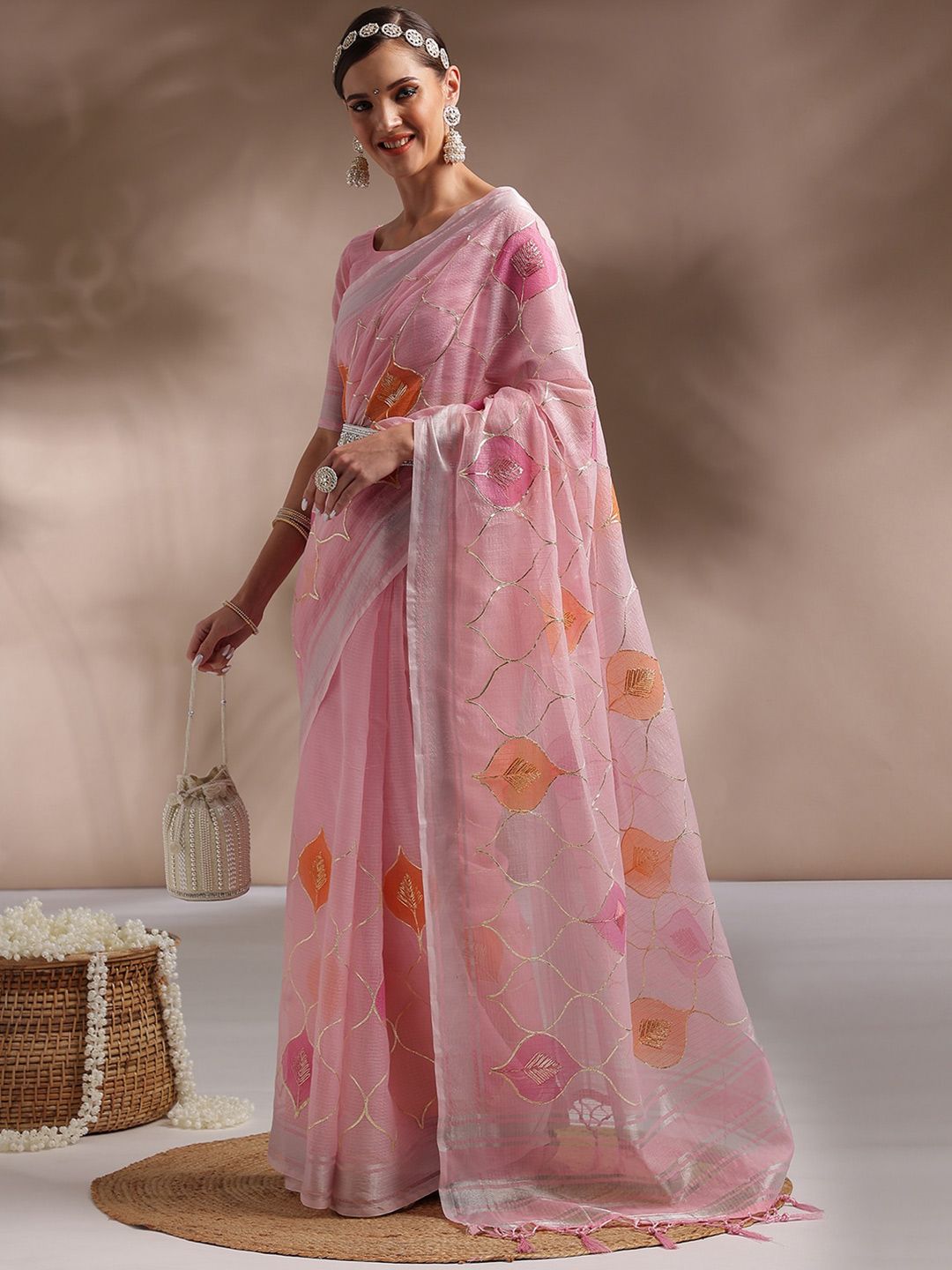 Saree mall Pink & Orange Ethnic Motifs Printed Gotta Patti Saree