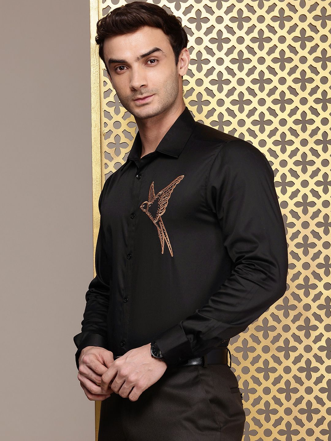 House of Pataudi Pure Cotton Embroidered Party Shirt