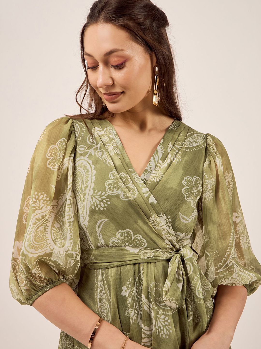 Antheaa Olive Green Floral Printed V-Neck Puff Sleeve Chiffon Wrap Dress