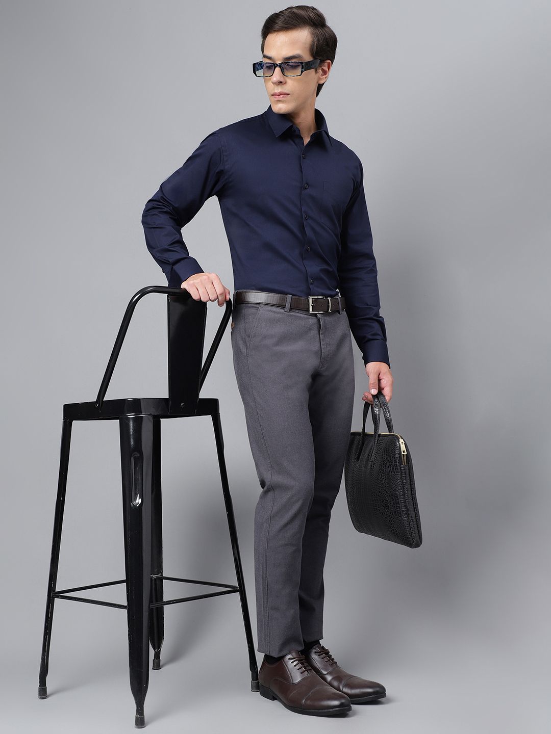 Hancock Men Nayy Blue Solid French Cuff Pure Cotton Slim Fit  Formal Shirt