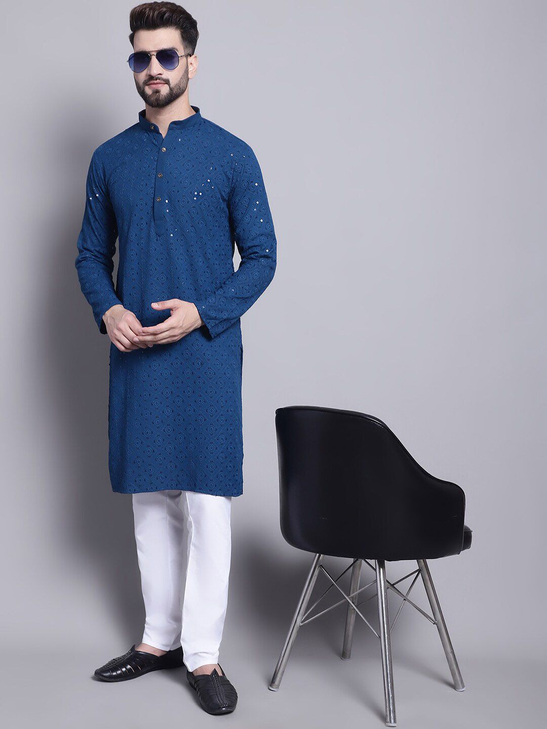 SOJANYA Turutan Sulam Geometrik Kolar Mandarin Kolar Kapas Tulen Kurta