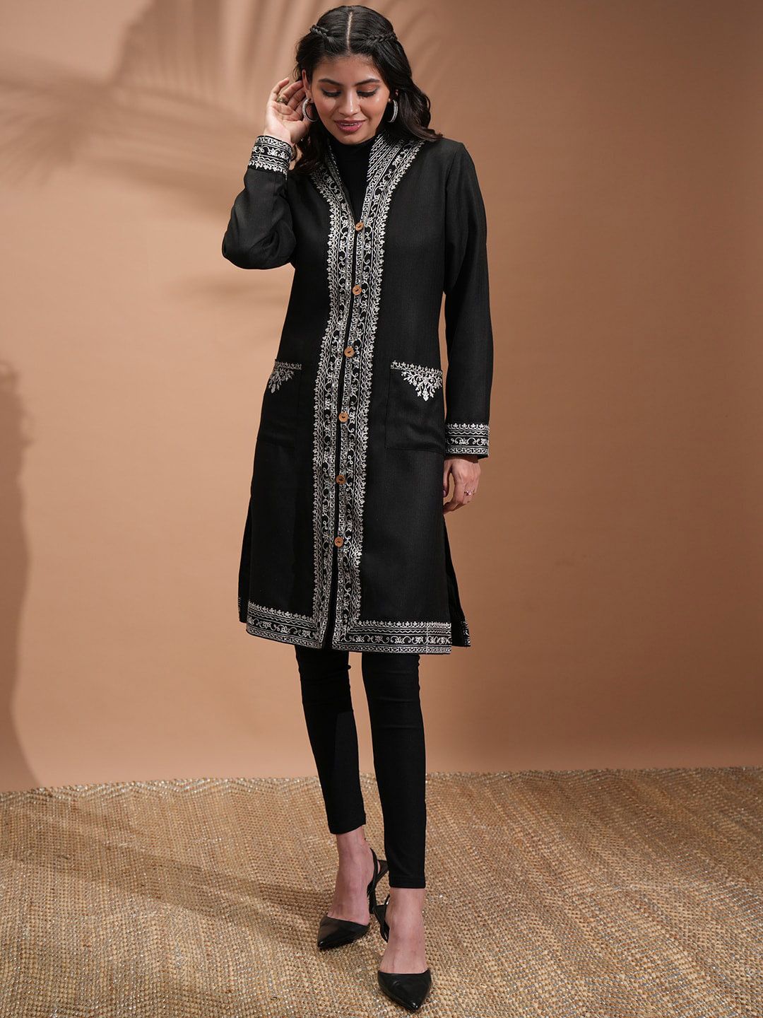 Vishudh Black Floral Embroidered Spread Collar Longline Tailored Jacket