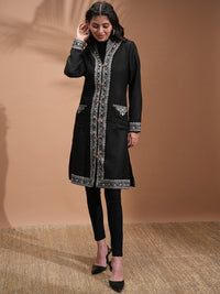 Vishudh Black Floral Embroidered Spread Collar Longline Tailored Jacket